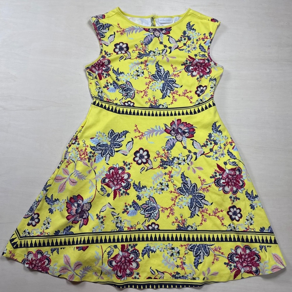 New York & Company Yellow Floral Fit Flare‎ Cotton Pocket Dress Sleeveless Med